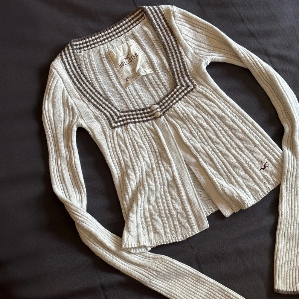 Y2K RARE Hollister Cable Knit Babydoll Cardigan Top Cardi Vintage 2000s - XXS/XS - Picture 4 of 7